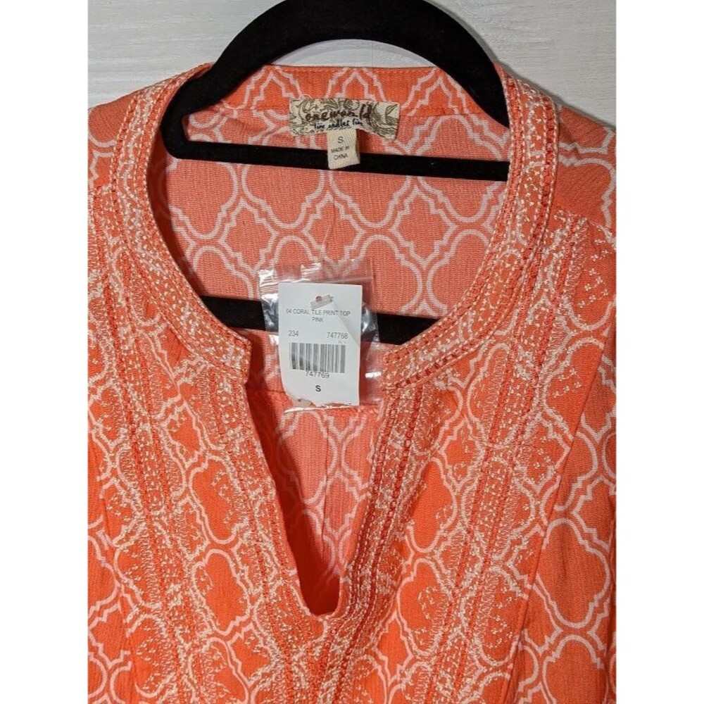 ONE WORLD Coral Pink Tile Print Boho Tunic Top S Small Rayon 3/4 Sleeve V-Neck